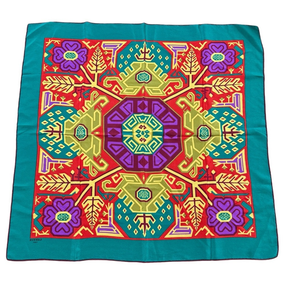 LANVIN Paris Silk Square Scarf 27” Colorful Aztec Geometric Fashion Scars‎